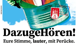 Flyer des Projektes mit dem Slogan "Eure Stimme, lauter, mit Perücke".
