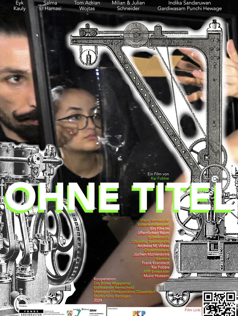 Filmplakat des Films "ohne Titel". Er sind zwei Schauspieler:innen abgebildet und Zeichnungen von Industriemaschinen.