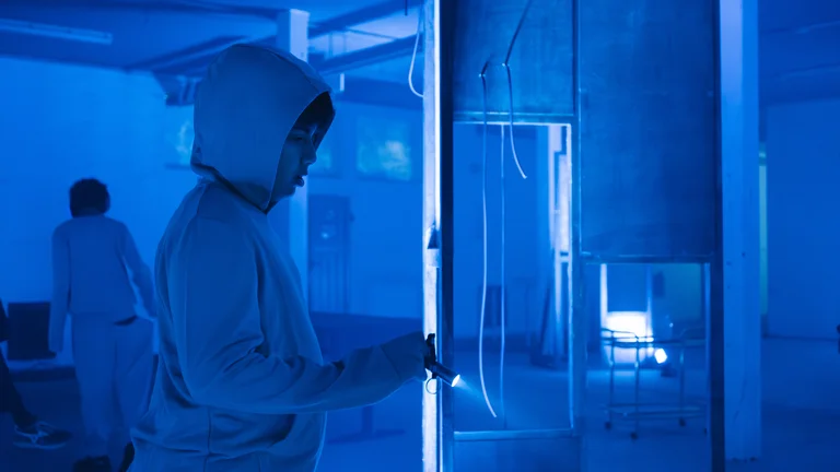 ein Junge mit einer Kapuze leuchtet mit einer kleinen Taschenlampe in einem dunklen Raum.