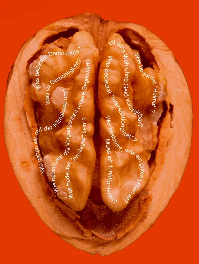 Ein Plakat für die Veranstaltungsreihe "Brainfood". Abgebildet ist eine Walnuss und Fragen, die thematisiert wurden zB "Was bedeutet Heimat? Wie gehen wir mit der Klimakrise um?"
